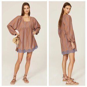 JOIE Jade Prism Cotton Linen Eyelet Detail Mini Dress Boho Festival